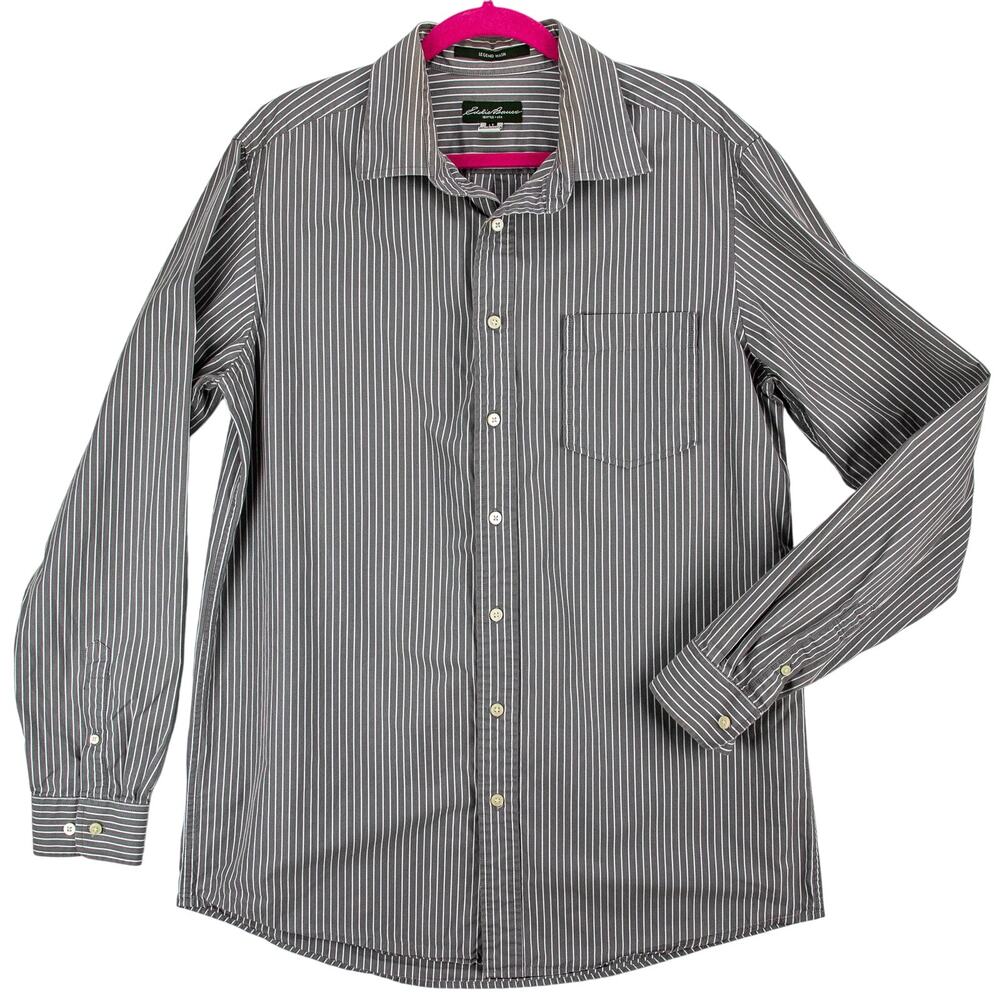 Eddie Bauer Men's LT Button Up Shirt Gray White Stripe Cotton Legend Wash